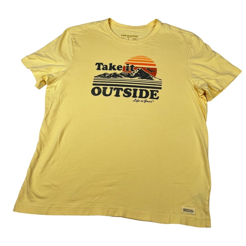 Life is Good Mens Crusher Tee Take it Outside Mountain Sunset Yellow Shirt L